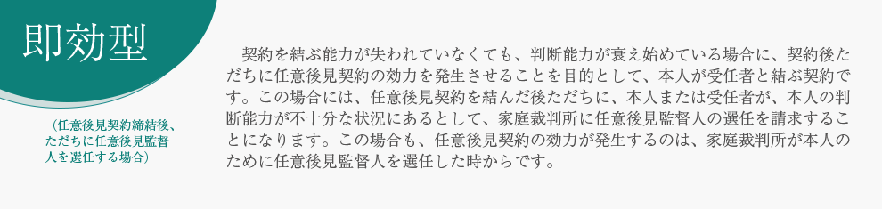 即効型 （任意後見契約締結後、ただちに任意後見監督人を選任する場合） 契約を結ぶ能力が失われていなくても、判断能力が衰え始めている場合に、契約後ただちに任意後見契約の効力を発生させることを目的として、本人が受任者と結ぶ契約です。この場合には、任意後見契約を結んだ後ただちに、本人または受任者が、本人の判断能力が不十分な状況にあるとして、家庭裁判所に任意後見監督人の選任を請求することになります。この場合も、任意後見契約の効力が発生するのは、家庭裁判所が本人のために任意後見監督人を選任した時からです。