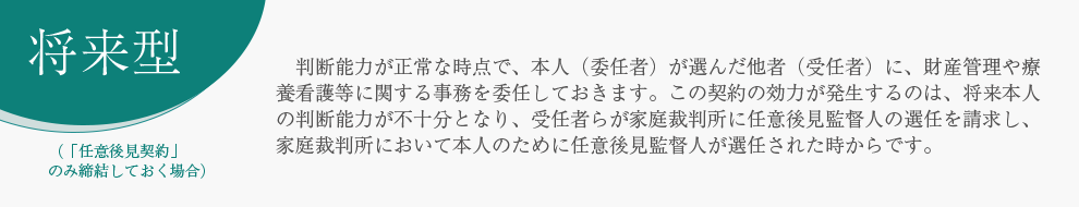 将来型 （「任意後見契約」のみ締結しておく場合） 判断能力が正常な時点で、本人（委任者）が選んだ他者（受任者）に、財産管理や療養看護等に関する事務を委任しておきます。この契約の効力が発生するのは、将来本人の判断能力が不十分となり、受任者らが家庭裁判所に任意後見監督人の選任を請求し、家庭裁判所において本人のために任意後見監督人が選任された時からです。