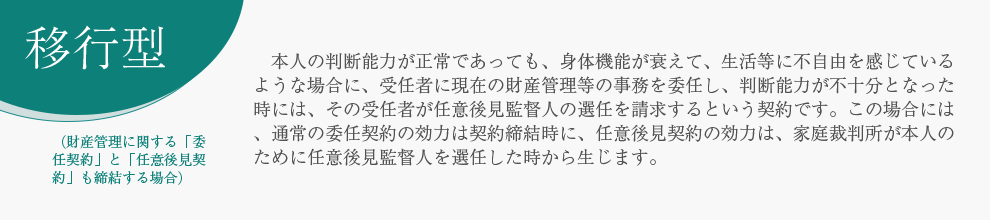 移行型 （財産管理に関する「委任契約」と「任意後見契約」も締結する場合） 本人の判断能力が正常であっても、身体機能が衰えて、生活等に不自由を感じているような場合に、受任者に現在の財産管理等の事務を委任し、判断能力が不十分となった時には、その受任者が任意後見監督人の選任を請求するという契約です。この場合には、通常の委任契約の効力は契約締結時に、任意後見契約の効力は、家庭裁判所が本人のために任意後見監督人を選任した時から生じます。